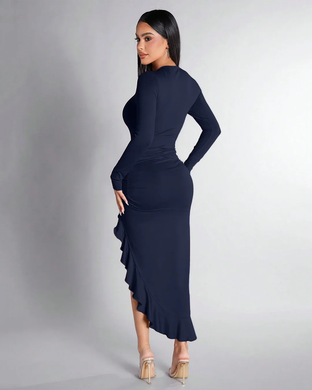 Navy Blue Ruched High-Slit Ruffle Hem Dress - Image 2