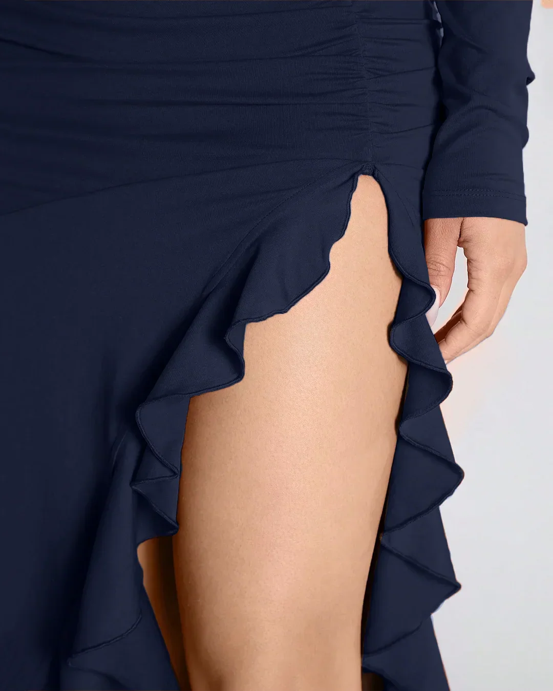 Navy Blue Ruched High-Slit Ruffle Hem Dress - Image 3