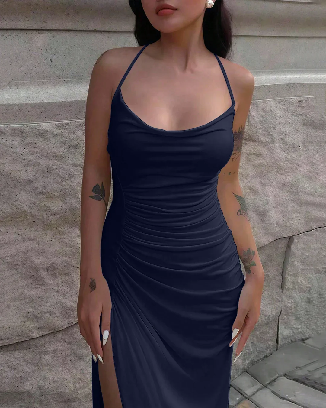 Navy Blue Ruched Spaghetti Strap Slit Maxi Dress - Image 2