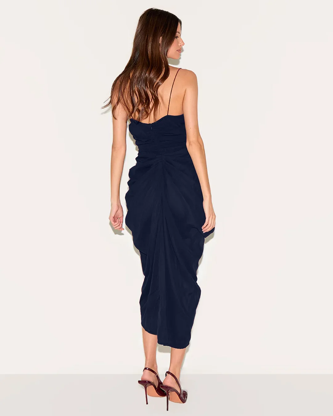Navy Blue Ruched Spaghetti Strap Slit Midi Dress - Image 3