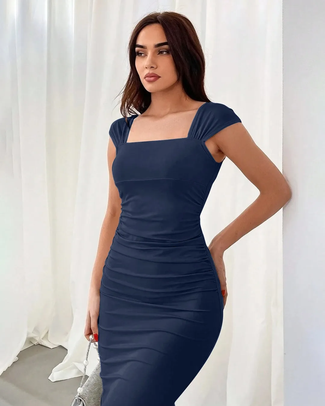 Navy Blue Square Neck Cap Sleeve Bodycon Midi Dress - Image 2