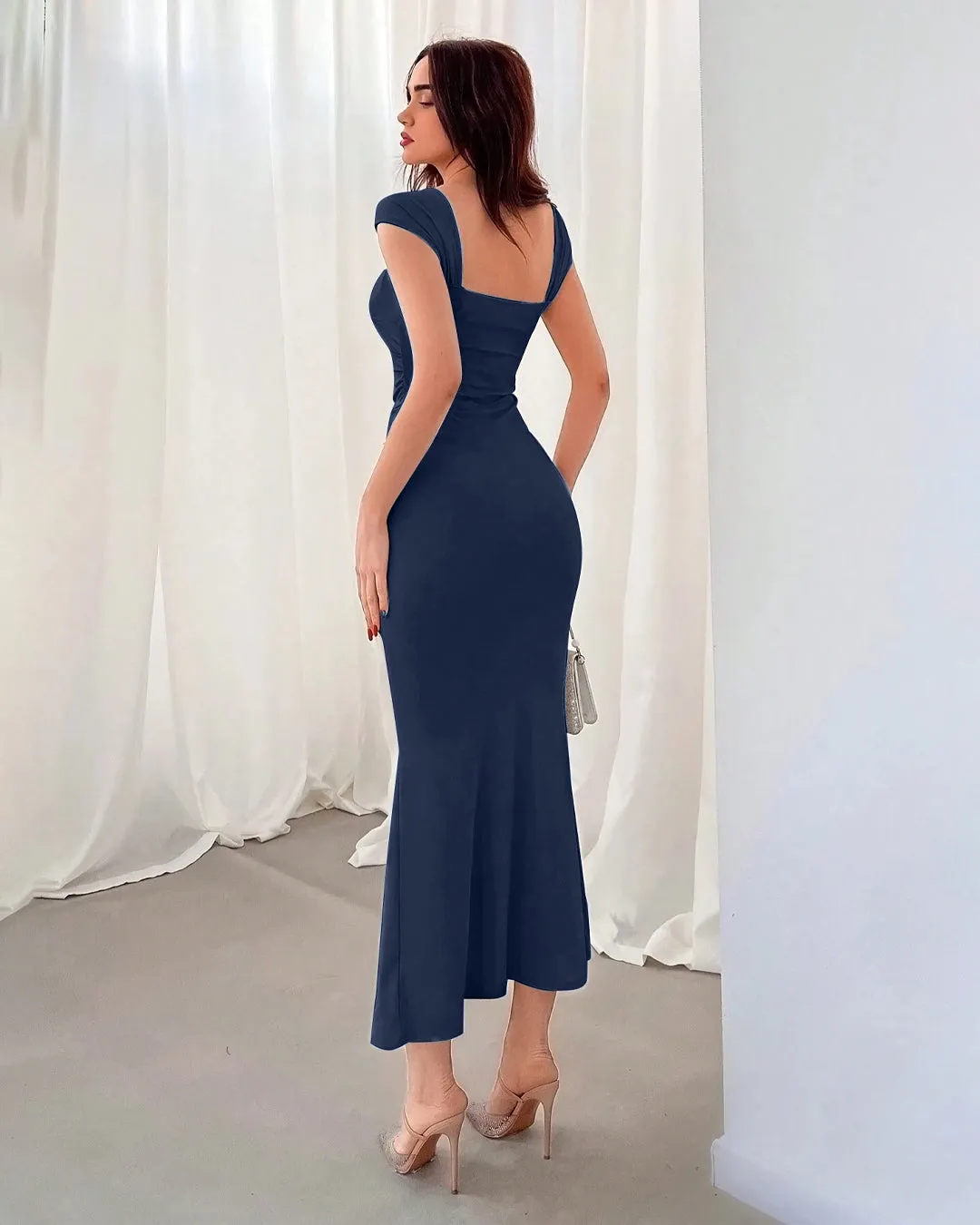 Navy Blue Square Neck Cap Sleeve Bodycon Midi Dress - Image 3