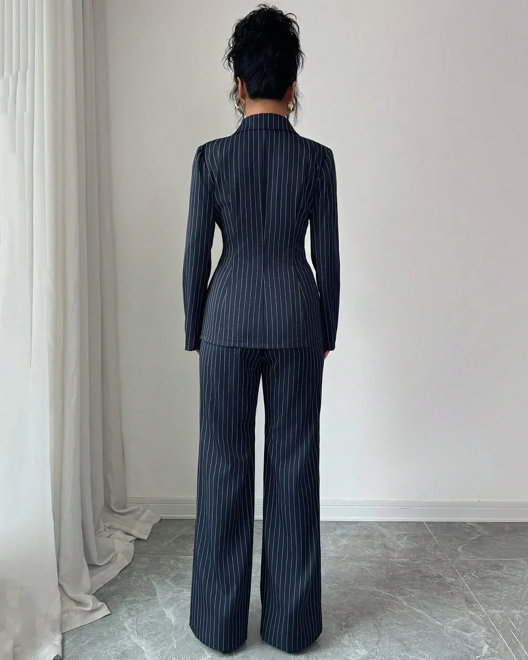 Navy Blue Striped V-Neck Asymmetric Long Sleeve Jacket & Wide-Leg Pants Suit - Image 2