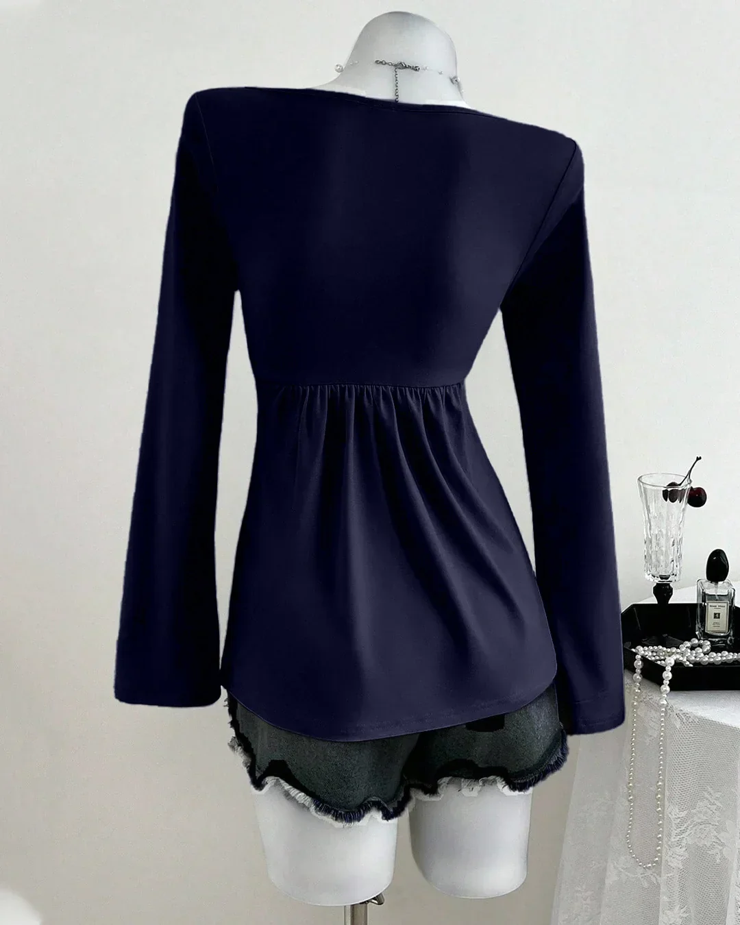Ruched Bust Sweetheart Neck Full Sleeve Top in Navy Blue - Image 2