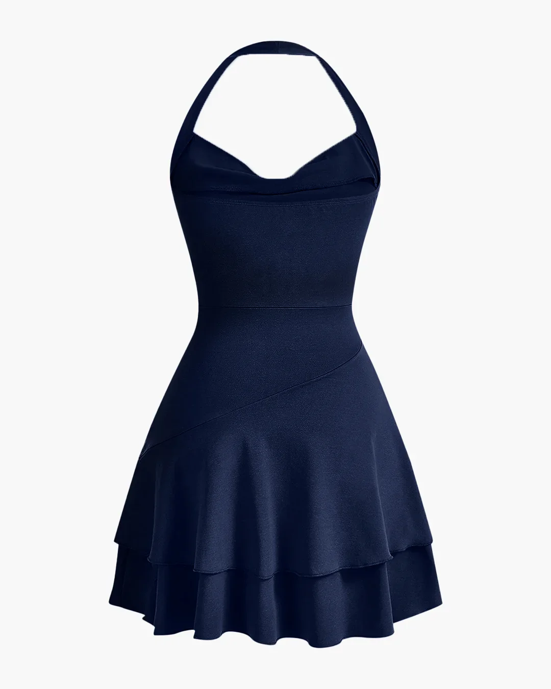 Skater Dress with Halter Neck and Ruffle Hem in Navy Blue - Image 3