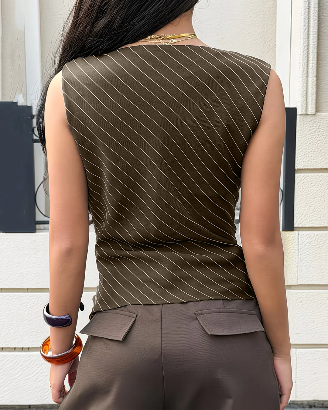 Neck Striped Asymmetrical Draped Collar and Metal Button Top in Brown - Image 2