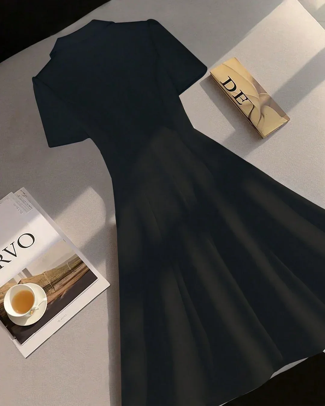 Notch Collar Buttoned Fit & Flare Mini Dress in Black - Image 2