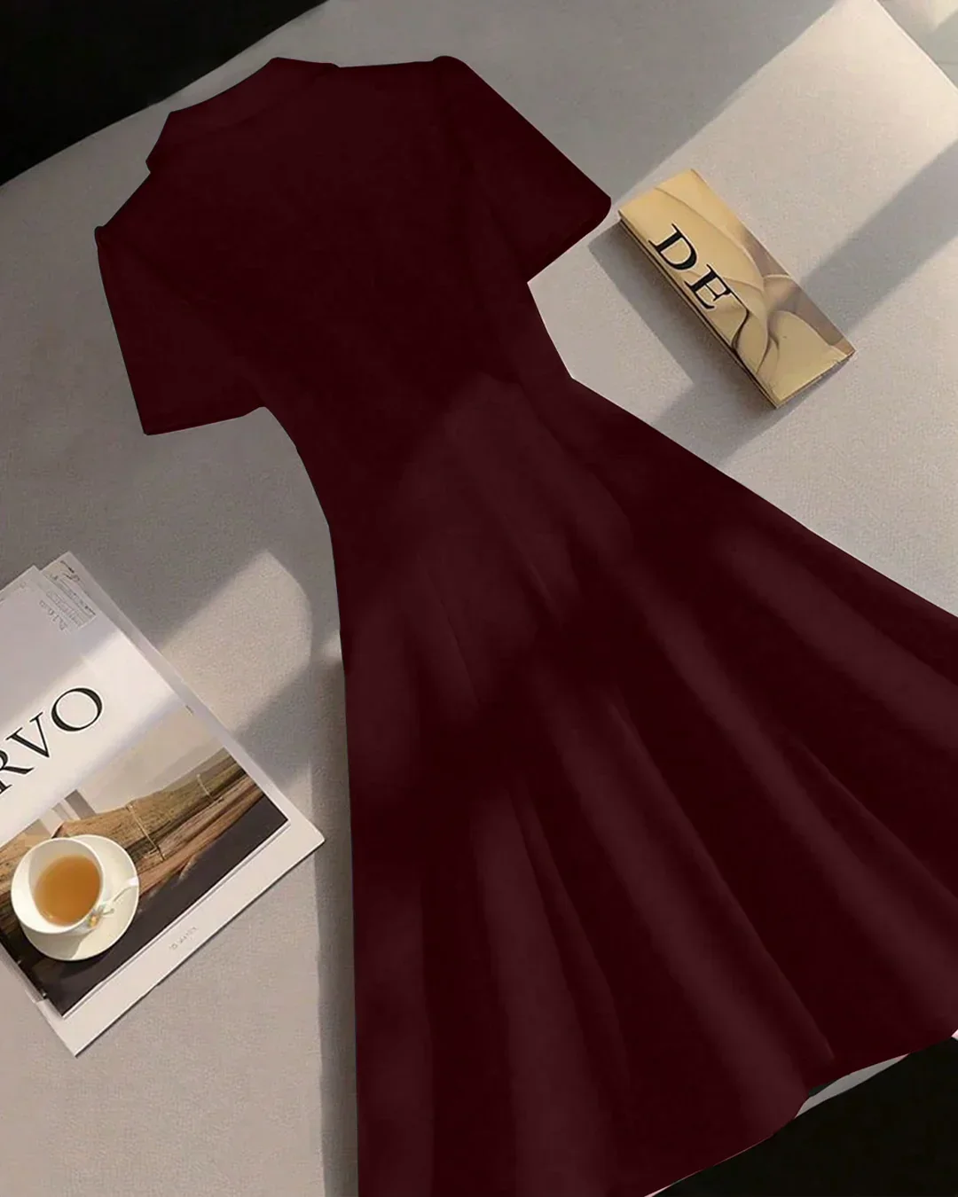 Notch Collar Buttoned Fit & Flare Mini Dress in Chocolate - Image 2