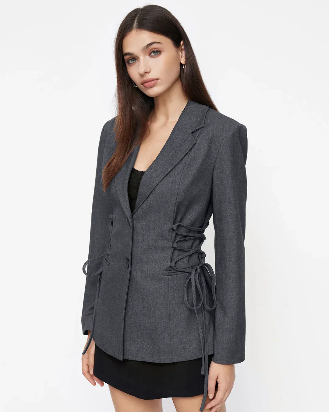 Notch Collar Size Tie Button Oversized Blazer in Dark Grey - Image 3