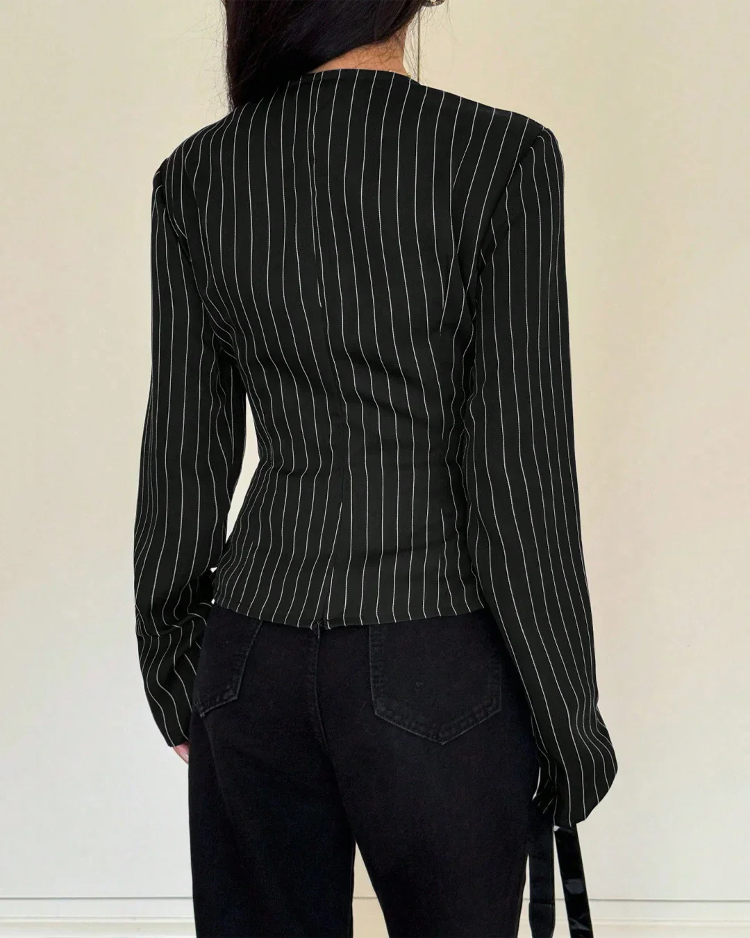 Notch Lapel Neck Striped Full Sleeve Top in Black - Image 2