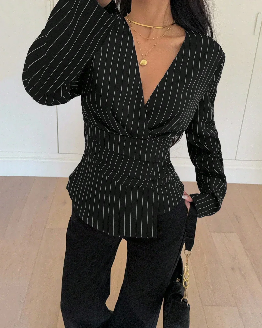 Notch Lapel Neck Striped Full Sleeve Top in Black - Image 3