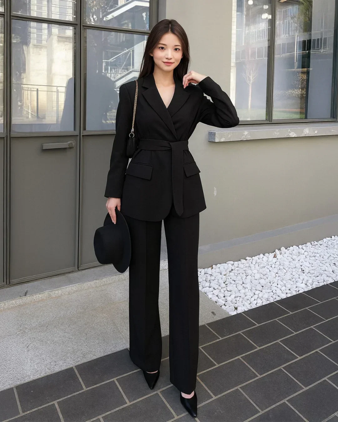 Notched Lapel Belted Blazer And Trousers Set - Image 2