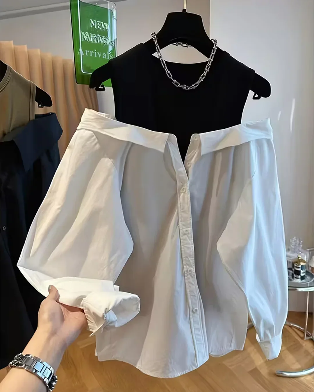 Solid Round Neck Statement Sleeve Womens Top in White - Image 2
