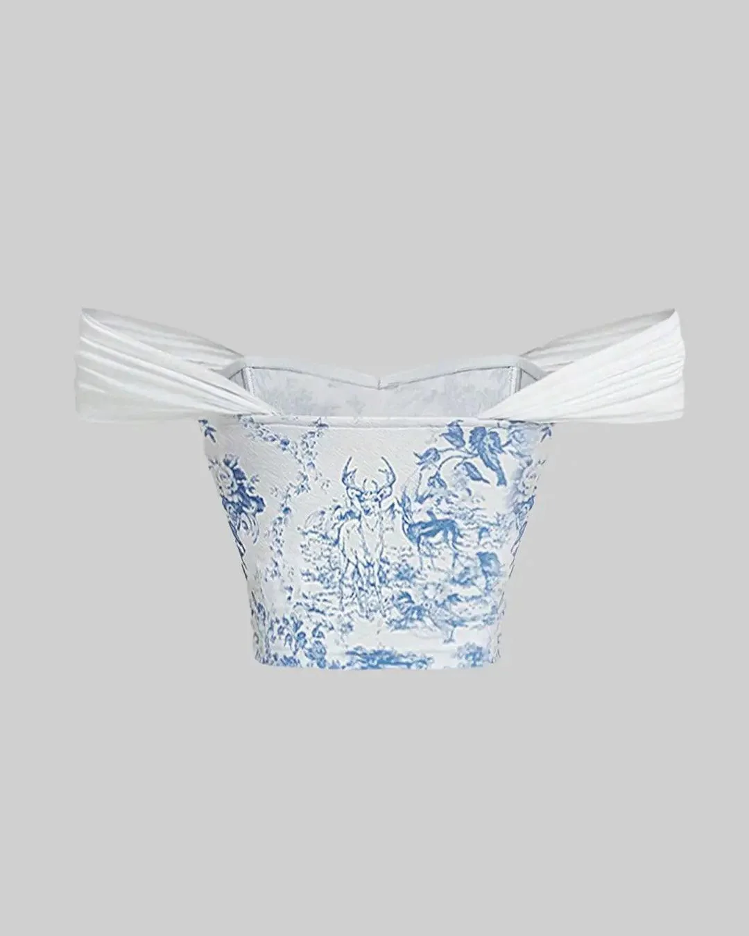 Off Shoulder Crop Blue And White Printed Corset Top - Image 3