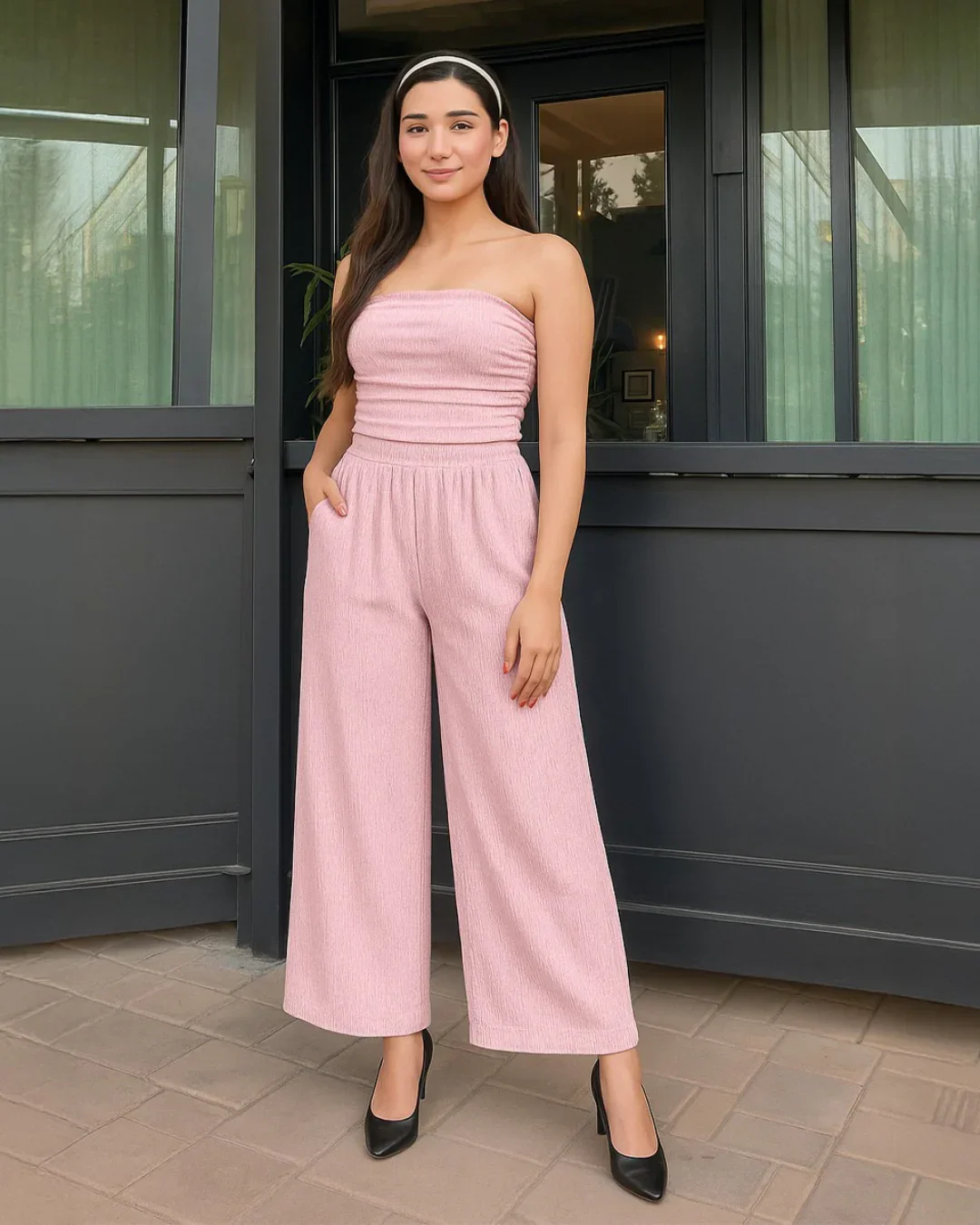 Off Shoulder Crop Top And Wide Leg Pant In Baby Pink - Image 2