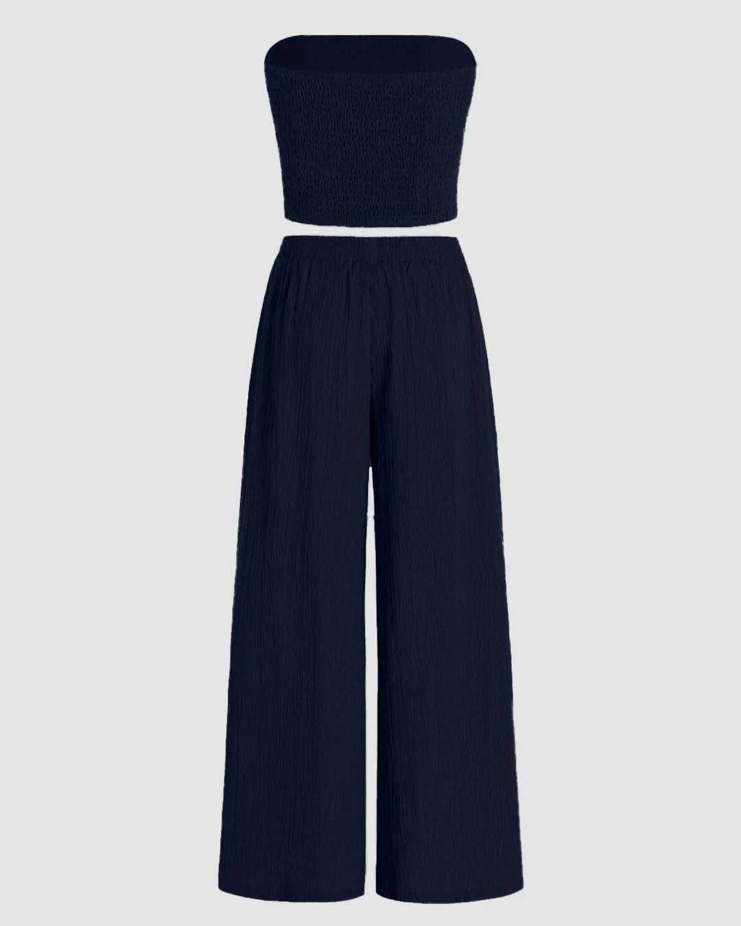 Off Shoulder Crop Top And Wide Leg Pant In Navy Blue - Image 2