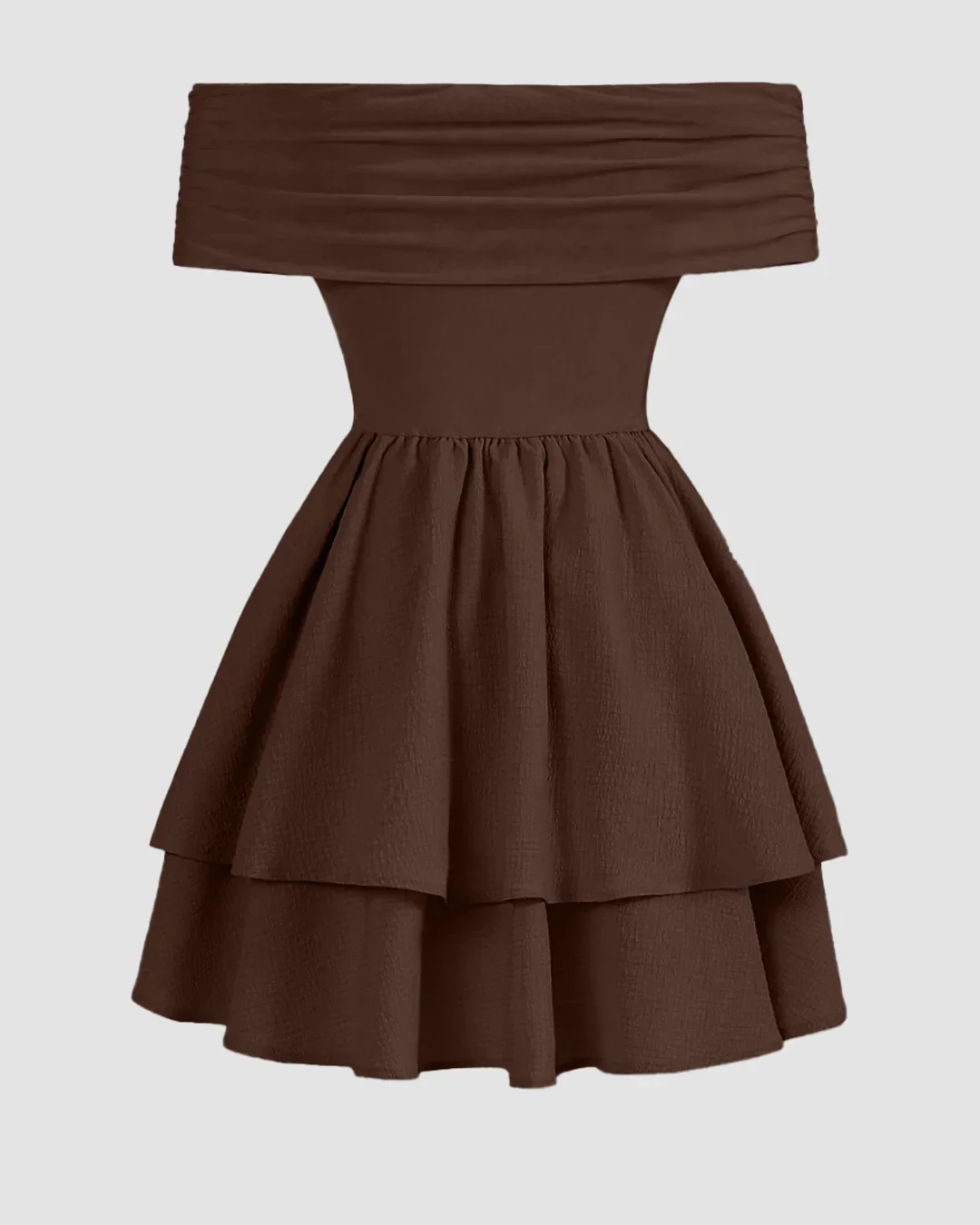 Off-Shoulder Crossover Wrap Mini Dress in Coco - Image 2