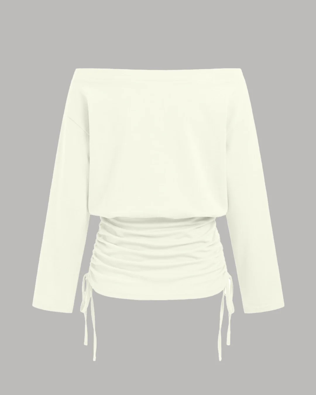 Off-shoulder Drawstring Ruched Top in Beige - Image 3