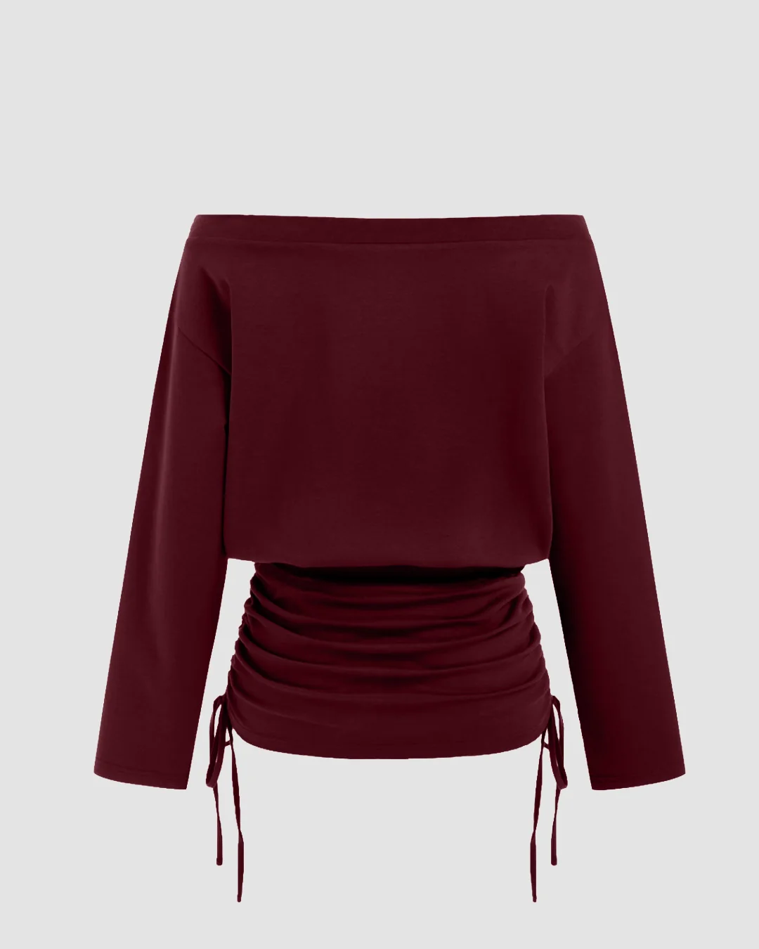 Off-shoulder Drawstring Ruched Top in Maroon - Image 3