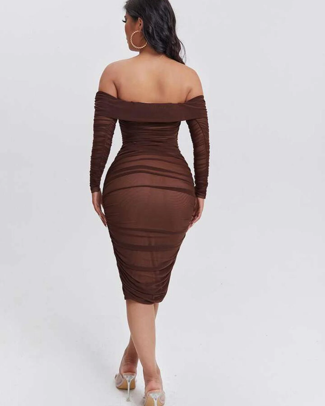 Off-Shoulder Dress With Open Mesh Fabric In Coco Brown - Image 3
