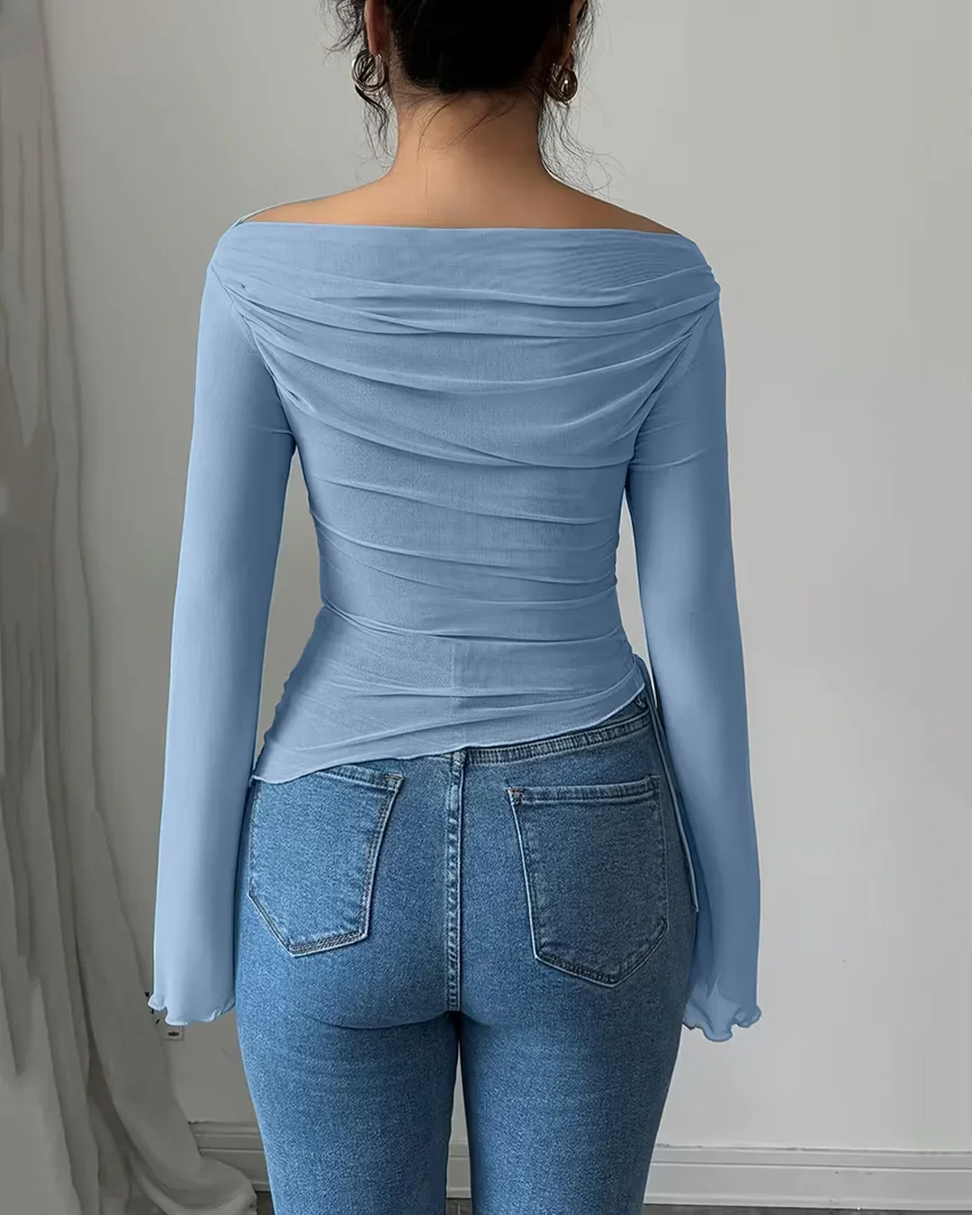 Off-Shoulder Fitted Long Sleeve Stylish Top for Women in Blue - Image 2