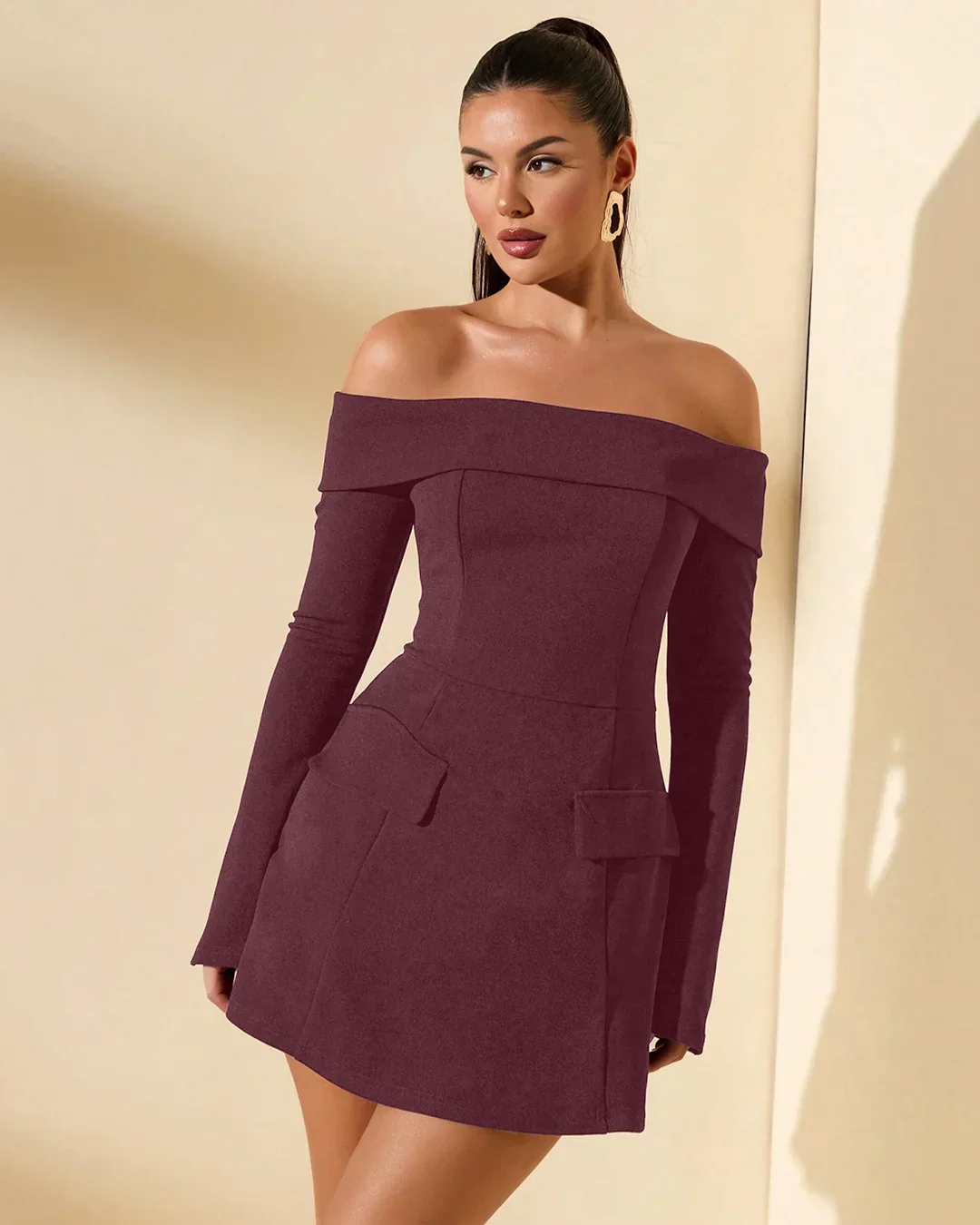 Off Shoulder Full Sleeves Mini Dress in Maroon - Image 2