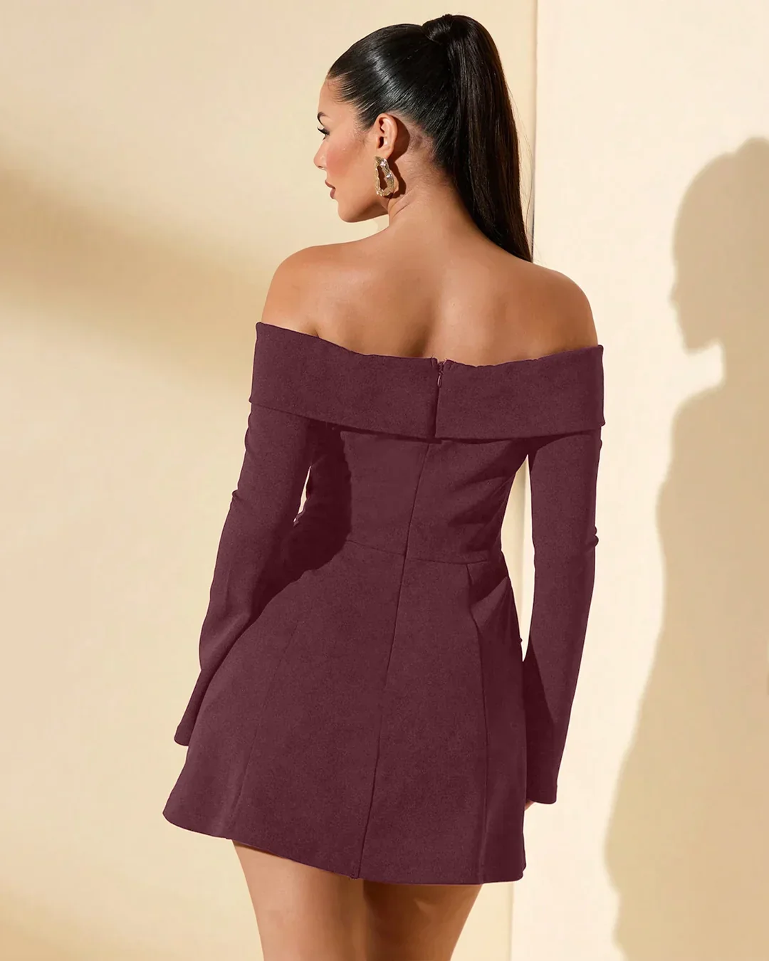 Off Shoulder Full Sleeves Mini Dress in Maroon - Image 3