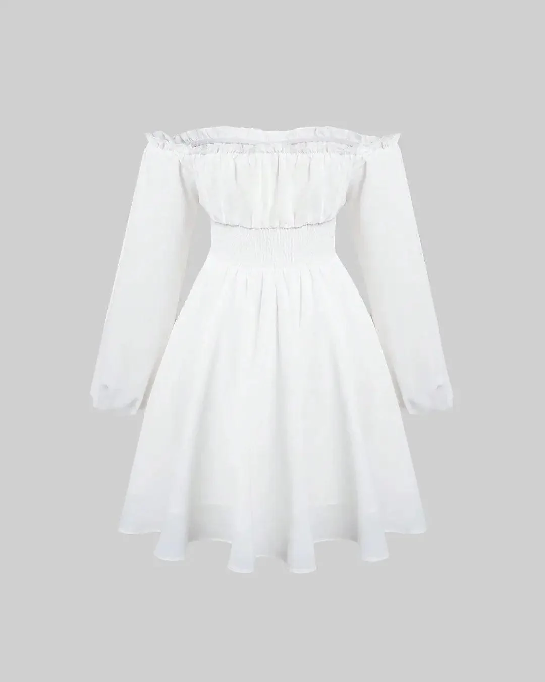 Off Shoulder Lantern Sleeve Frill Trim Dress In White - Image 2