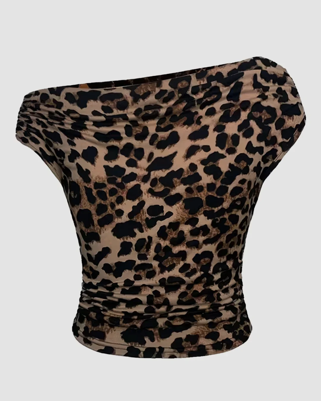 Off-Shoulder Leopard Print Fitted Stylish Draped Design Top - Image 2
