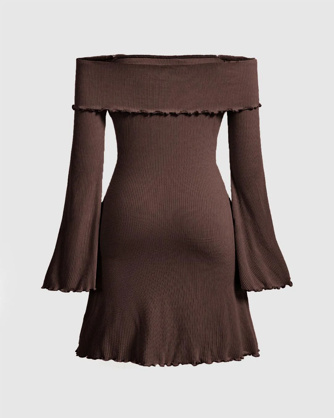 Off Shoulder Lettuce Trim Flare Sleeve Dress In Chocolate Brown - Image 2