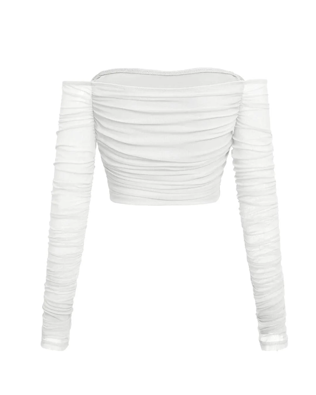 Off Shoulder Long Sleeve Ruched Mesh White Top - Image 2