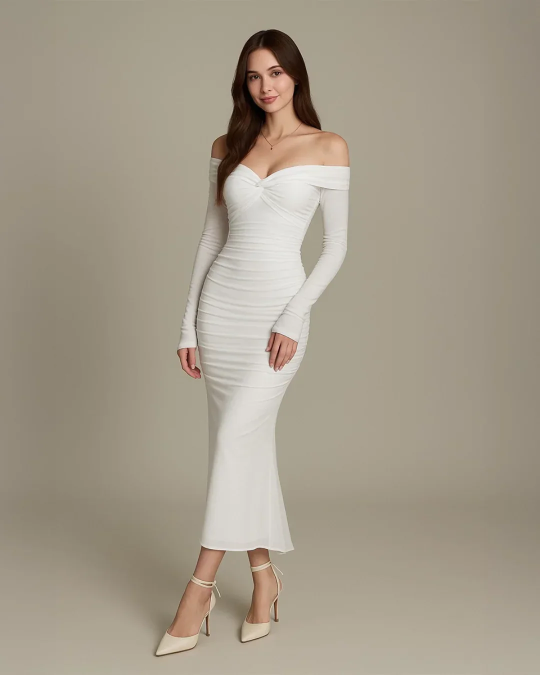 Off Shoulder Mesh Ruched Fitted Dress With Long Sleeve - Image 2