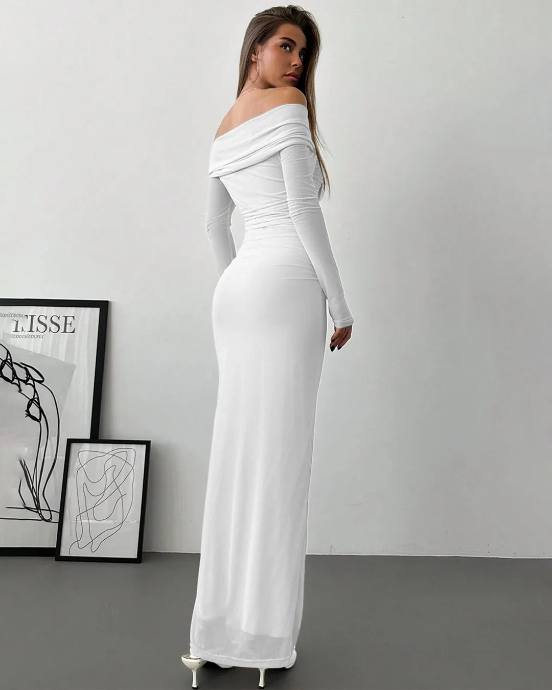 Off Shoulder Mesh Ruched Fitted Dress With Long Sleeve - Image 3
