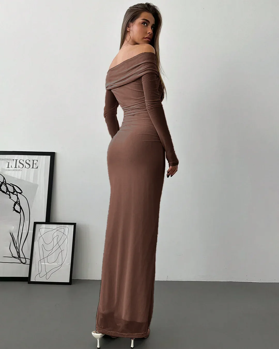 Off Shoulder Mesh Ruched Fitted Dress With Long Sleeve in Coco - Image 3