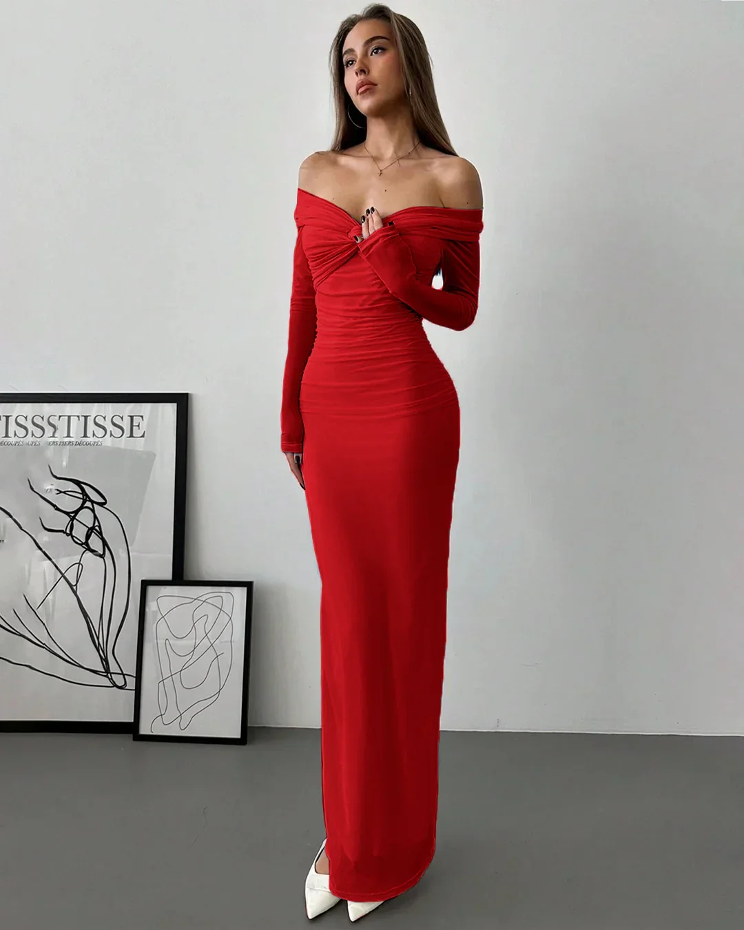 Off Shoulder Mesh Ruched Fitted Dress With Long Sleeve in Dark Red