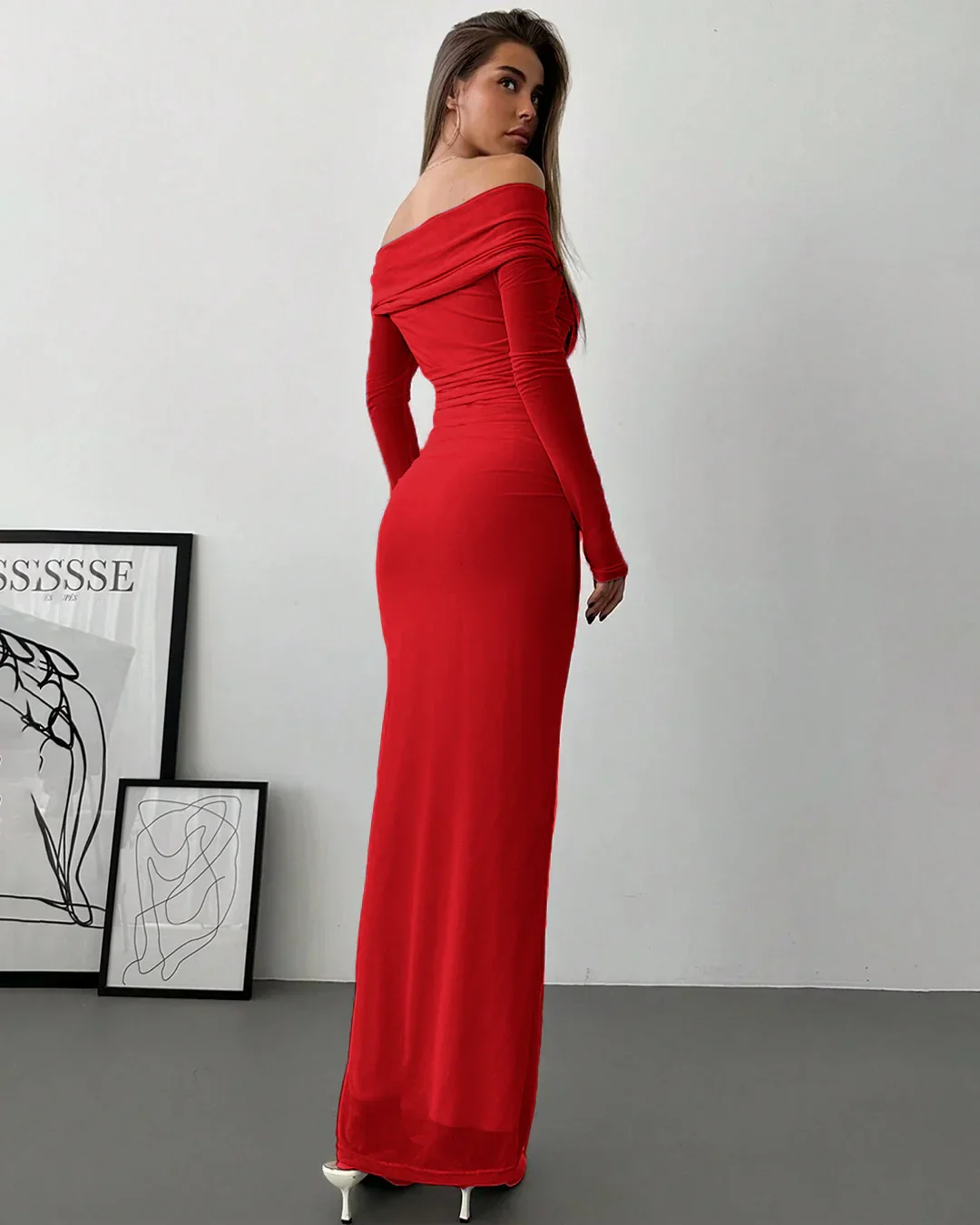 Off Shoulder Mesh Ruched Fitted Dress With Long Sleeve in Dark Red - Image 2