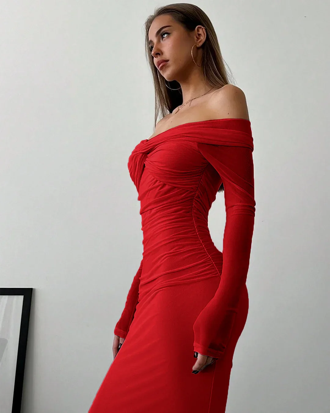 Off Shoulder Mesh Ruched Fitted Dress With Long Sleeve in Dark Red - Image 3
