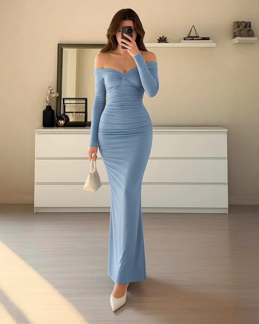 Off Shoulder Mesh Ruched Fitted Dress With Long Sleeve In Dusty Blue - Image 2
