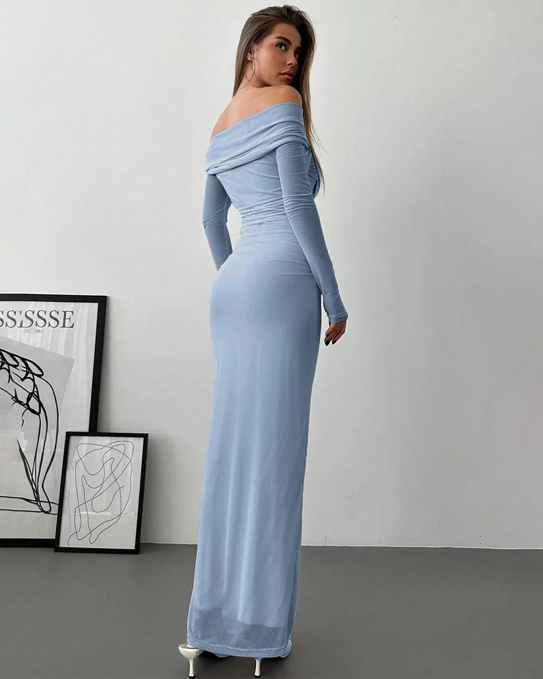 Off Shoulder Mesh Ruched Fitted Dress With Long Sleeve In Dusty Blue - Image 4