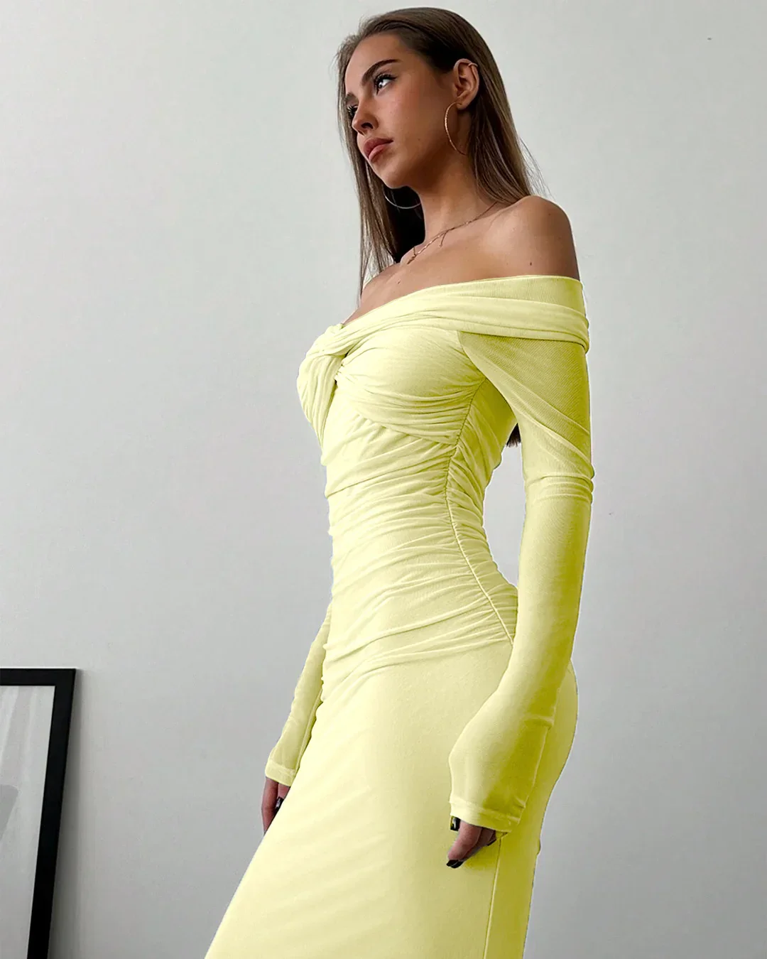 Off Shoulder Mesh Ruched Fitted Dress With Long Sleeve in French Vanilla - Image 2