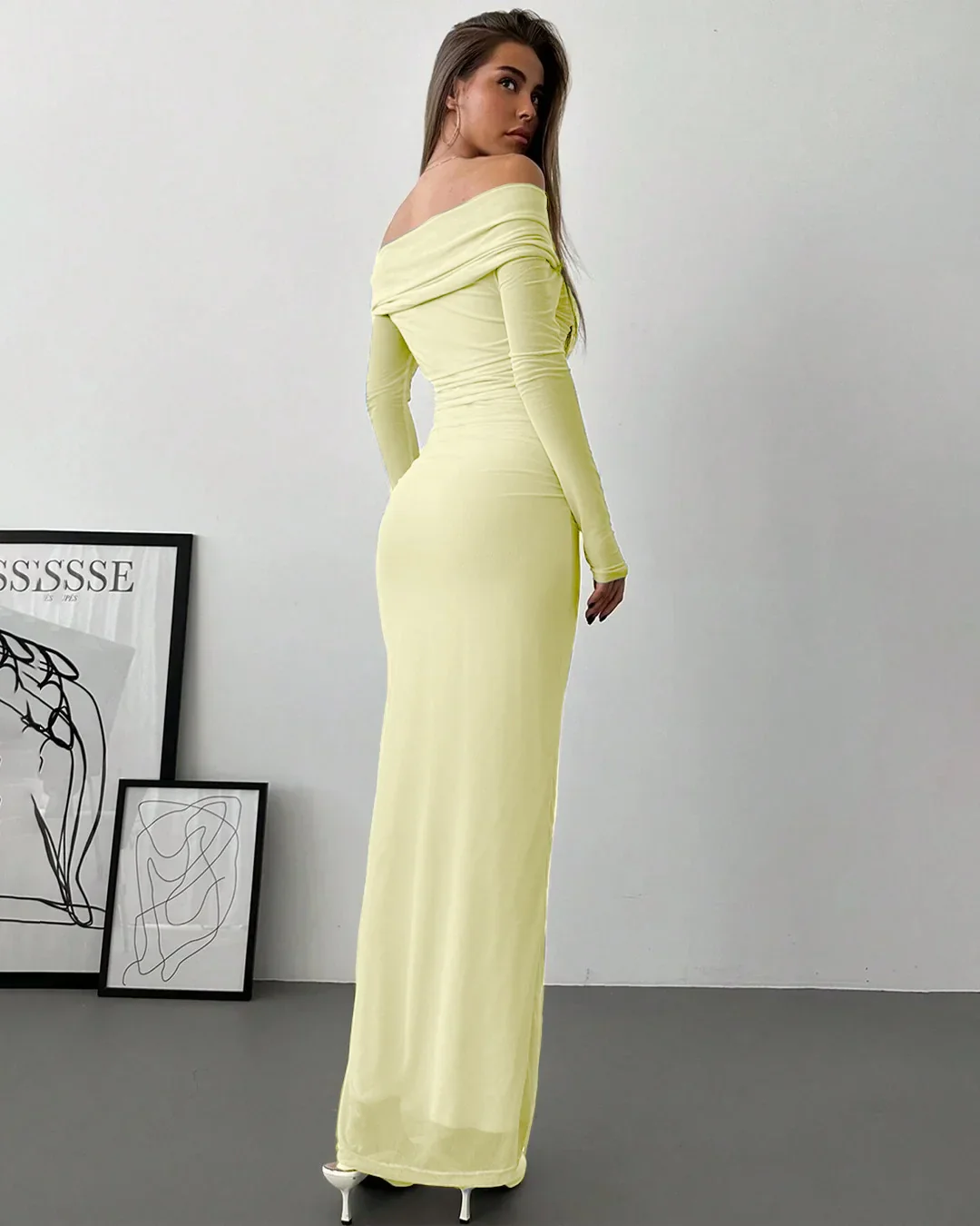 Off Shoulder Mesh Ruched Fitted Dress With Long Sleeve in French Vanilla - Image 3