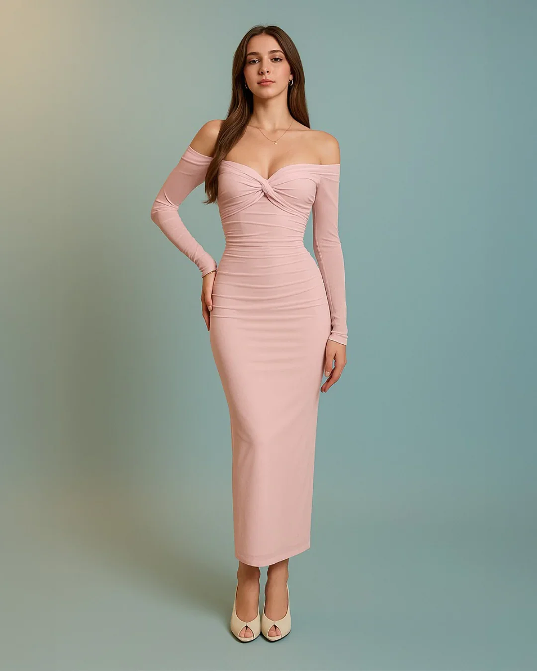Off Shoulder Mesh Ruched Fitted Dress With Long Sleeve In Light Pink - Image 2