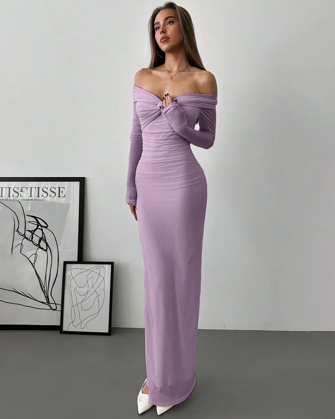 Off Shoulder Mesh Ruched Fitted Dress With Long Sleeve in Lilac