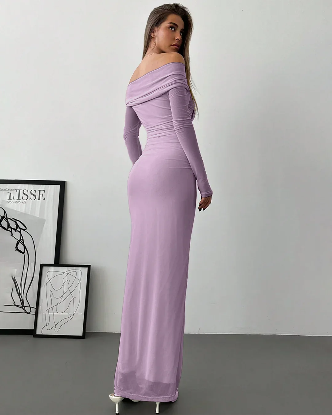 Off Shoulder Mesh Ruched Fitted Dress With Long Sleeve in Lilac - Image 3