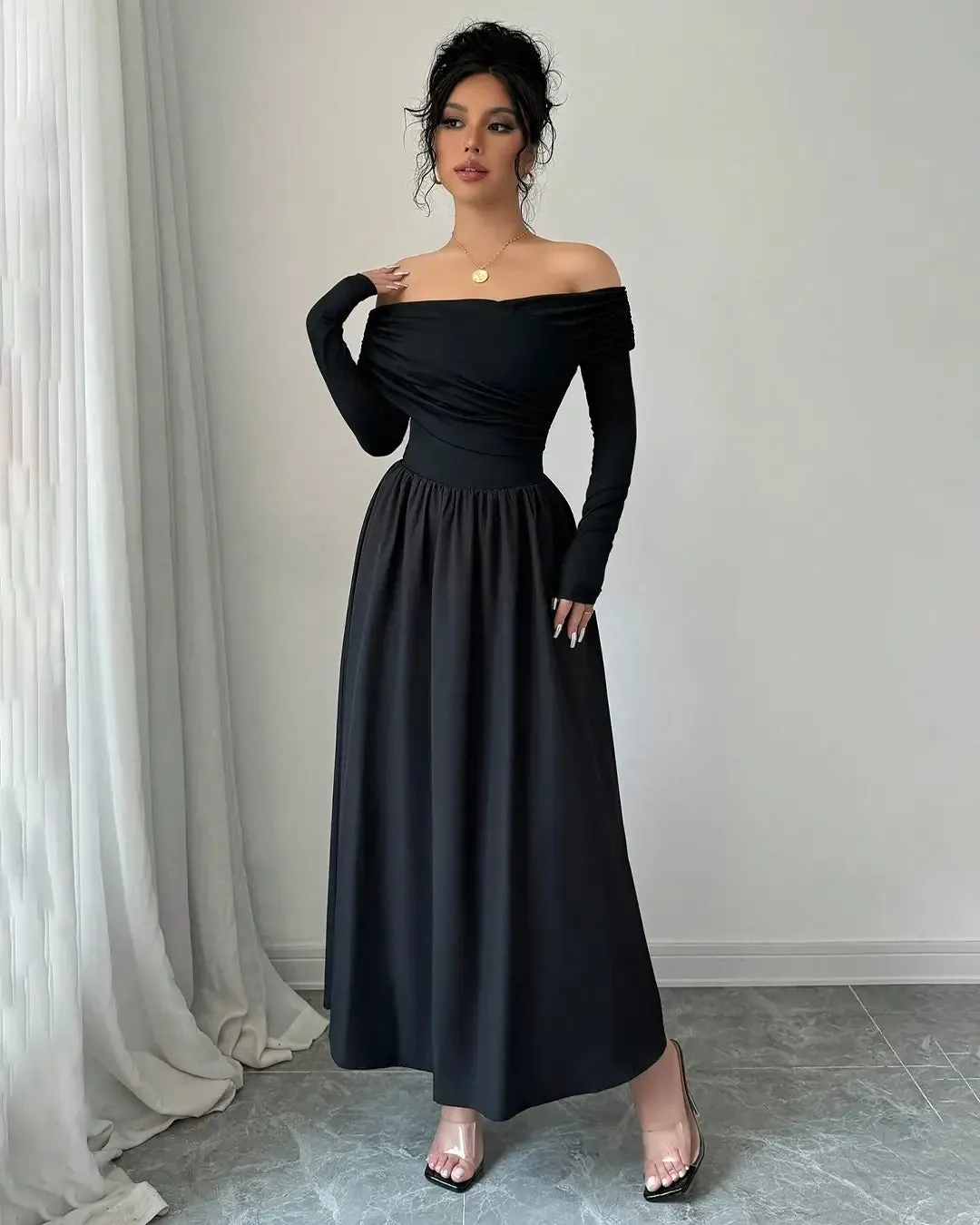 Off-Shoulder Pleated Elegant Long-Sleeve Maxi Dress - Image 2