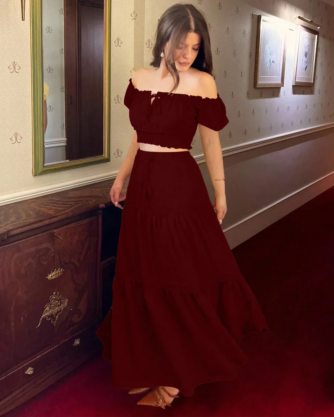 Off-Shoulder Puff Sleeve Slim Fit Top and A-Line Solid Skirt Set in Burgundy - Image 2