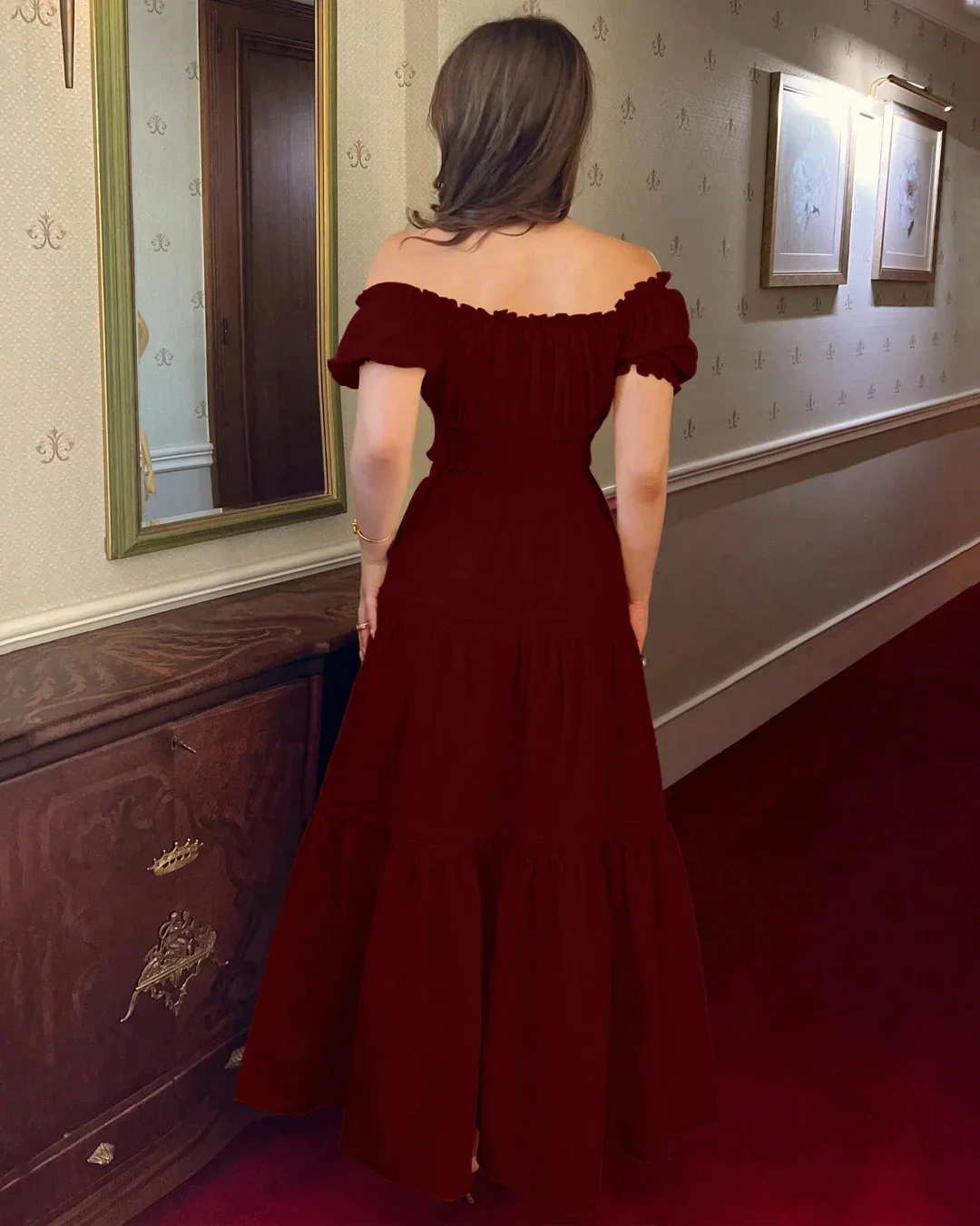 Off-Shoulder Puff Sleeve Slim Fit Top and A-Line Solid Skirt Set in Burgundy - Image 3