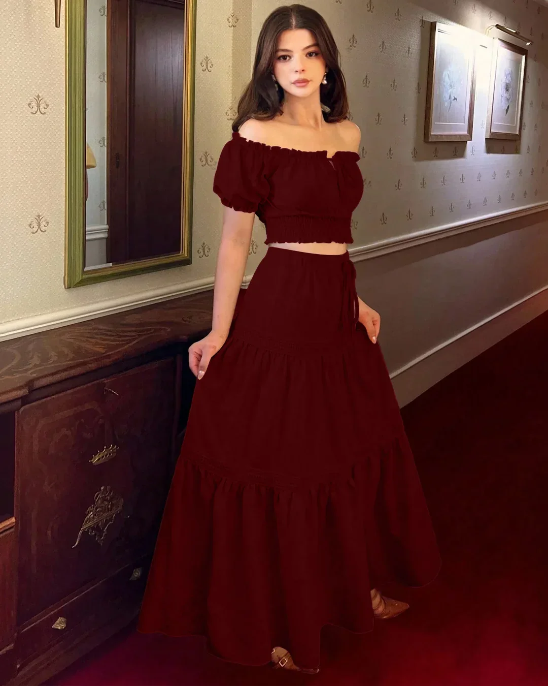 Off-Shoulder Puff Sleeve Slim Fit Top and A-Line Solid Skirt Set in Burgundy - Image 4
