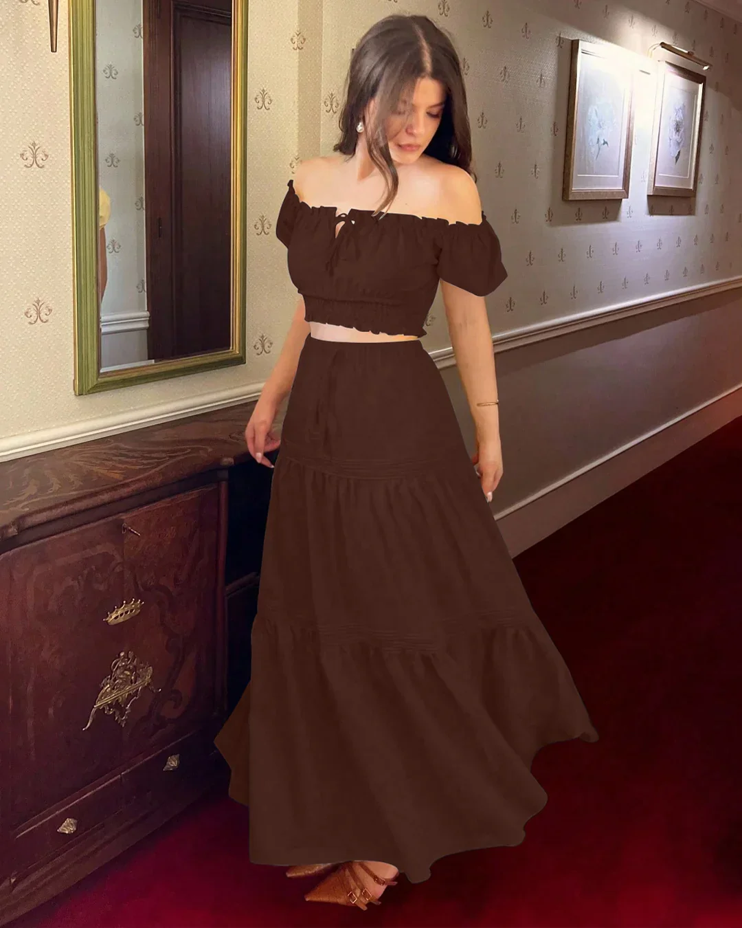 Off-Shoulder Puff Sleeve Slim Fit Top and A-Line Solid Skirt Set in Chocolate - Image 2