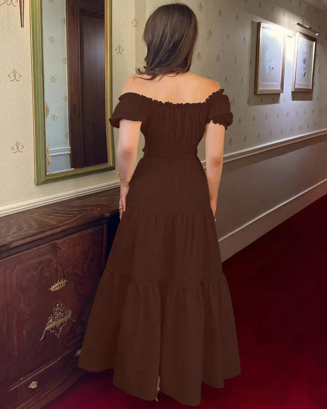 Off-Shoulder Puff Sleeve Slim Fit Top and A-Line Solid Skirt Set in Chocolate - Image 3